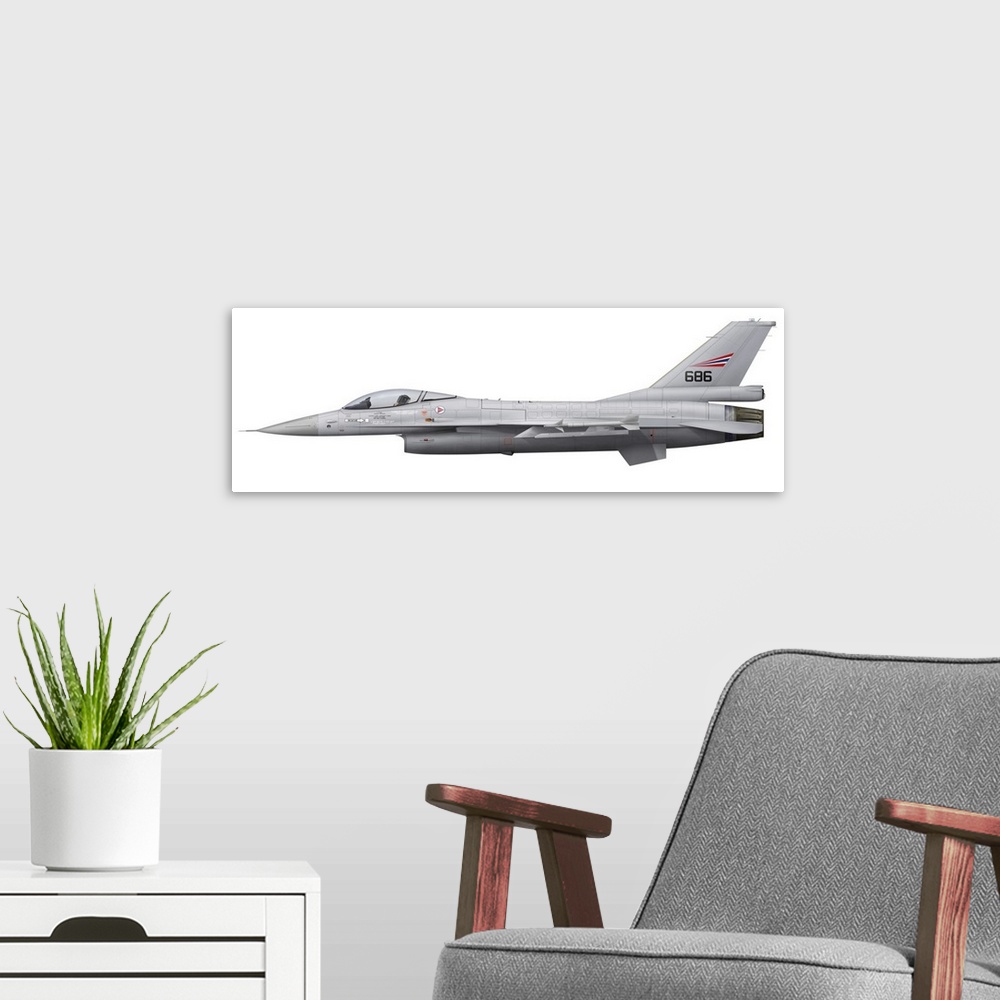 A modern room featuring General Dynamics F-16A Fighting Falcon of the Royal Norwegian Air Force.