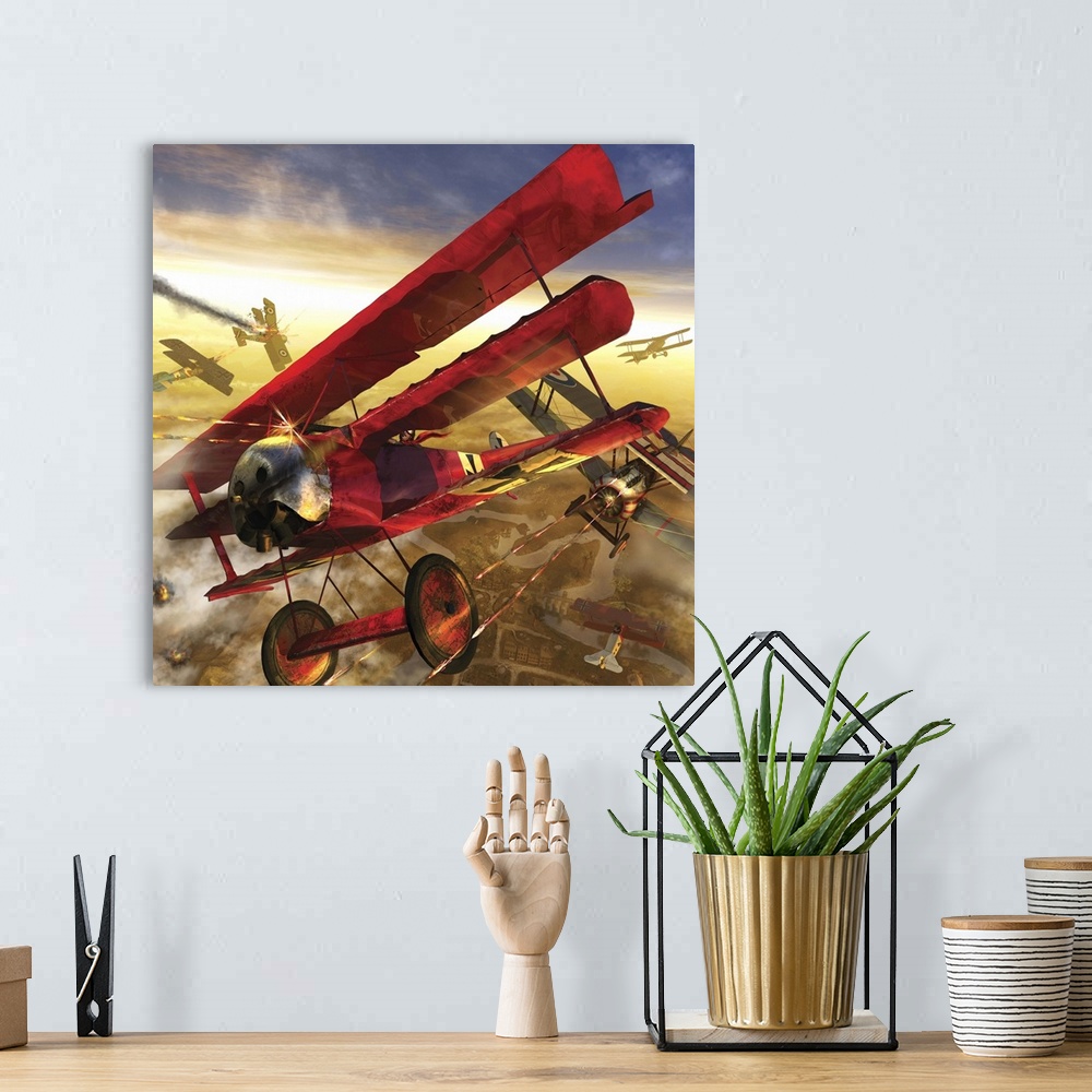 A bohemian room featuring German triple wing bi-plane The Red Baron. World War I western front air assault.