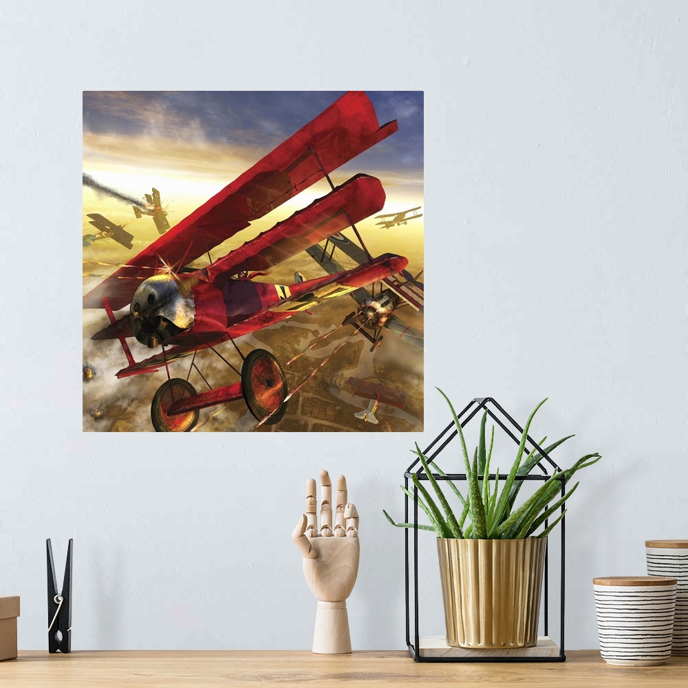 A bohemian room featuring German triple wing bi-plane The Red Baron. World War I western front air assault.