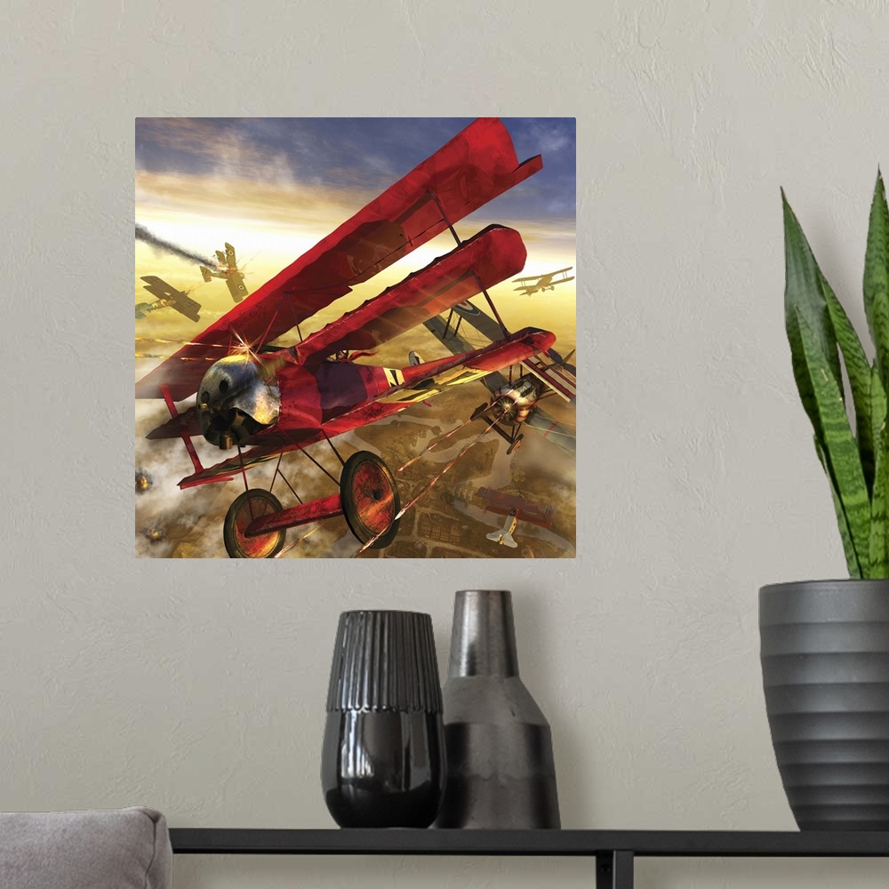 A modern room featuring German triple wing bi-plane The Red Baron. World War I western front air assault.