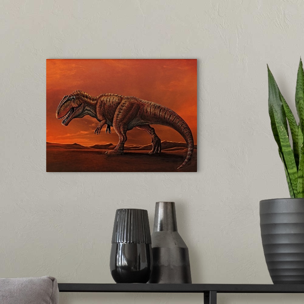 A modern room featuring Giganotosaurus walking in the desert of Patagonia.