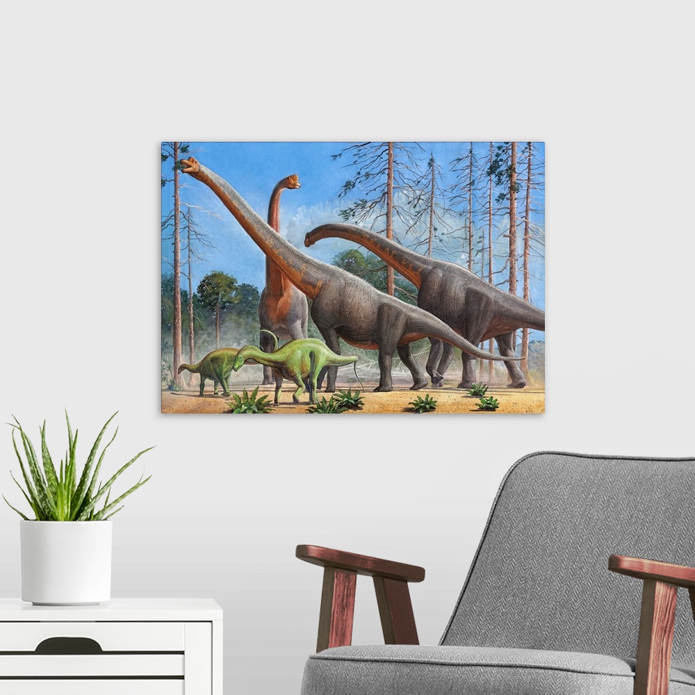 A modern room featuring Giraffatitan and Dicraeosaurus dinosaurs grazing in a prehistoric environment.