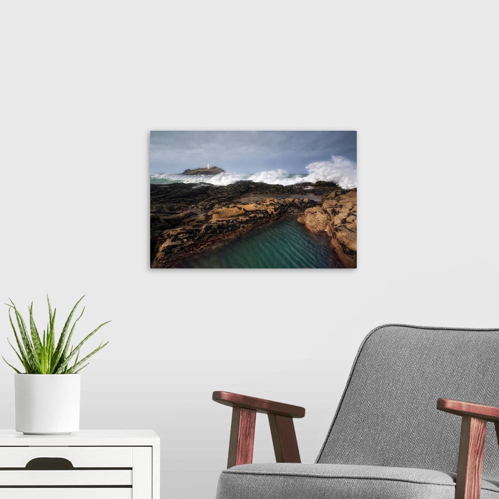 A modern room featuring Godrevy Lighthouse in Cornwall, England.