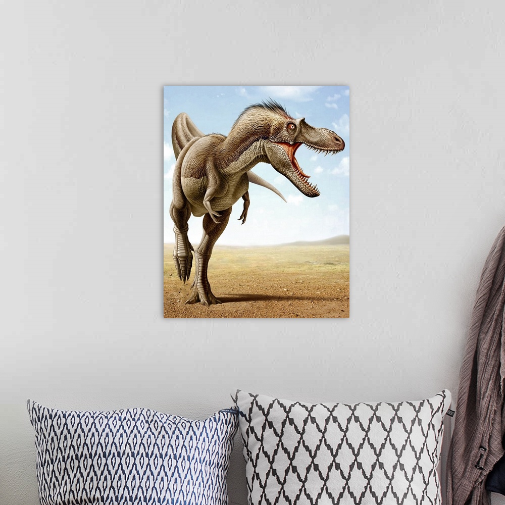 A bohemian room featuring Gorgosaurus running across an open desert.