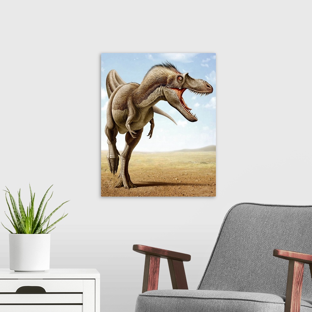 A modern room featuring Gorgosaurus running across an open desert.