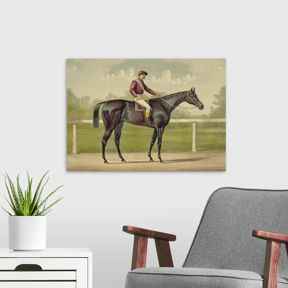 A modern room featuring Grand Racer Kingston by Spendthrift chromolithograph featuring a jockey mounted on a thoroughbred...