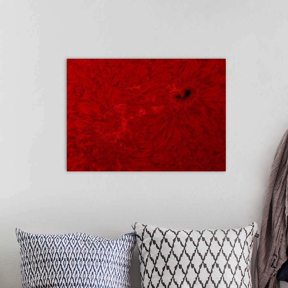 A bohemian room featuring H-alpha Sun in red with sunspot.