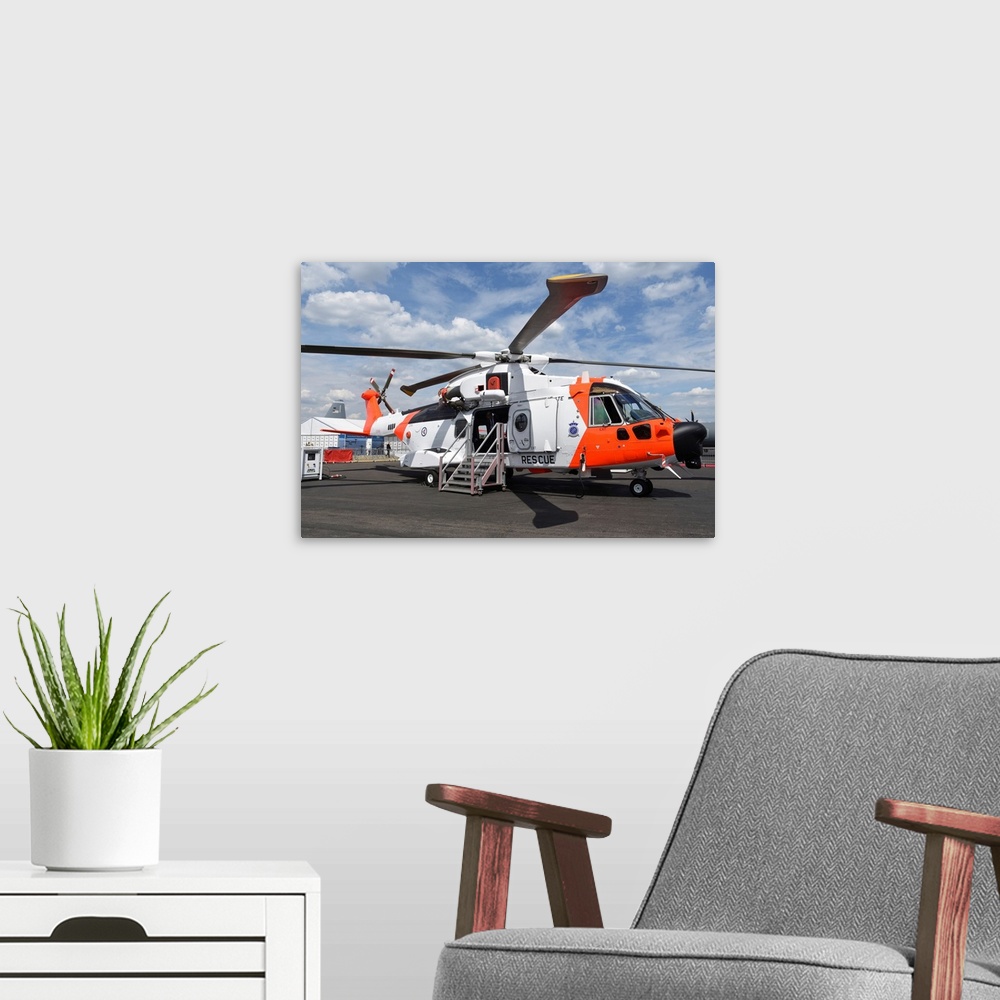 A modern room featuring HH-101 SAR helicopter of the Norwegian Air Force.
