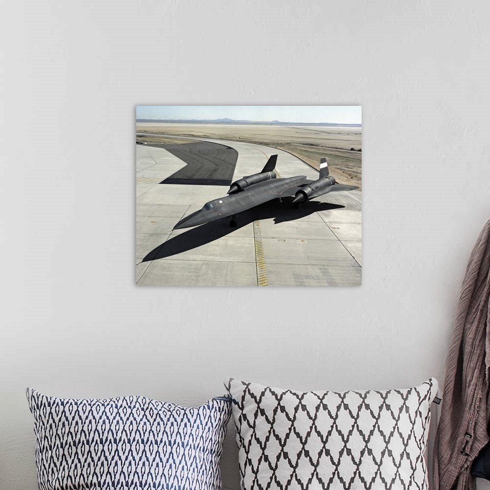 A bohemian room featuring High angle view of a SR-71A Blackbird on the ramp at the Dryden Flight Research Center, Edwards A...