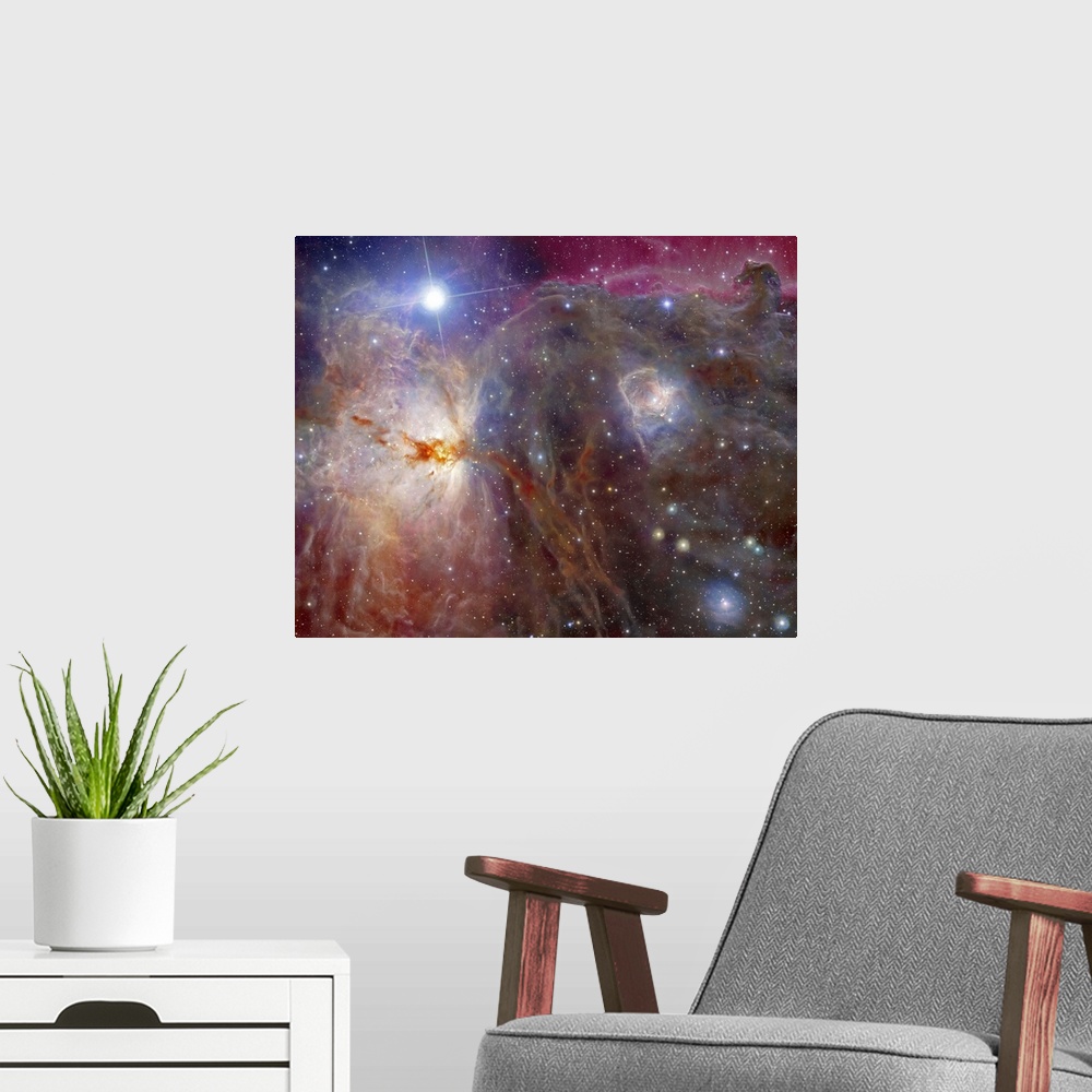 A modern room featuring Horsehead Nebula region in infrared and visible light.