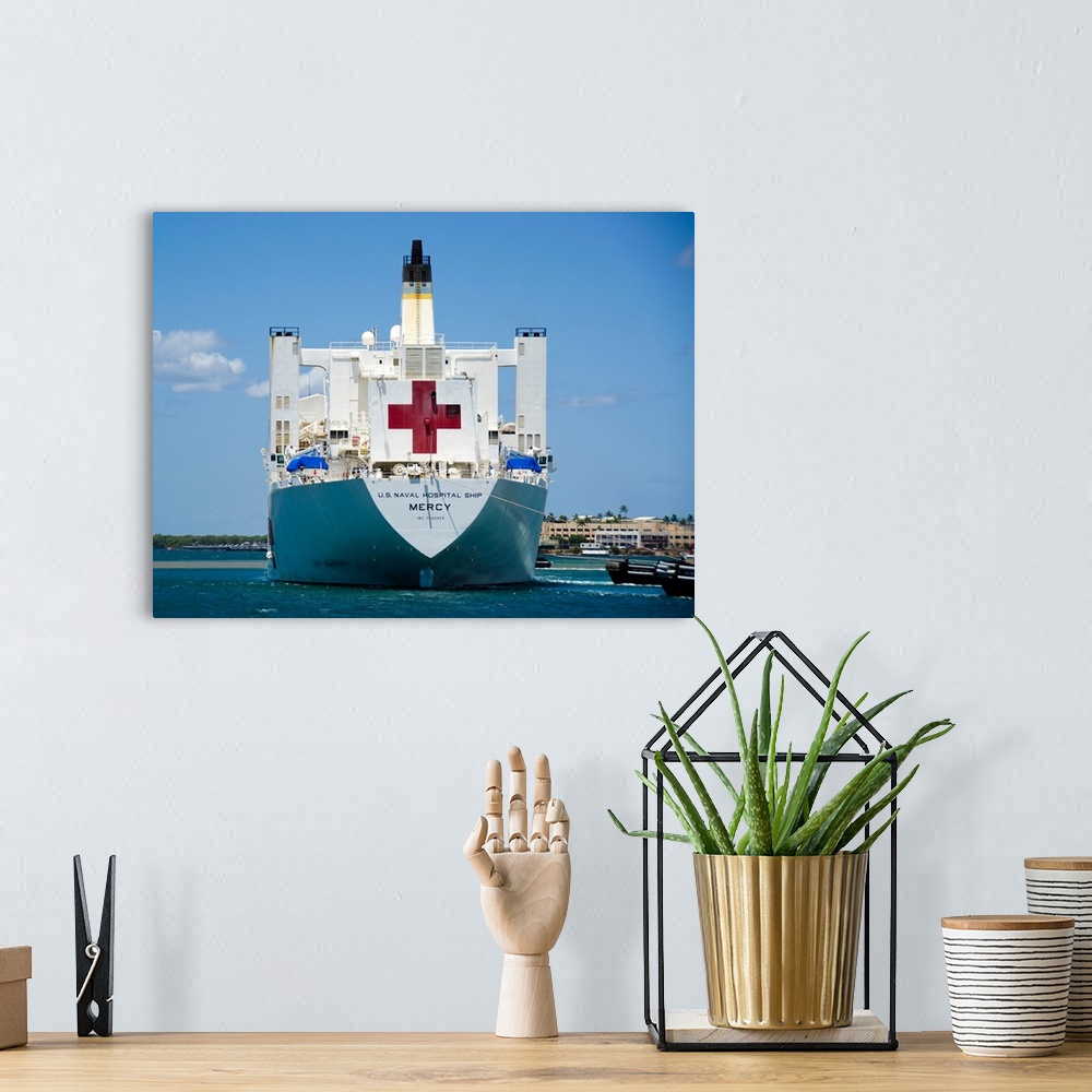 A bohemian room featuring Hospital ship USNS Mercy at Joint Base Pearl Harbor-Hickam in Hawaii.