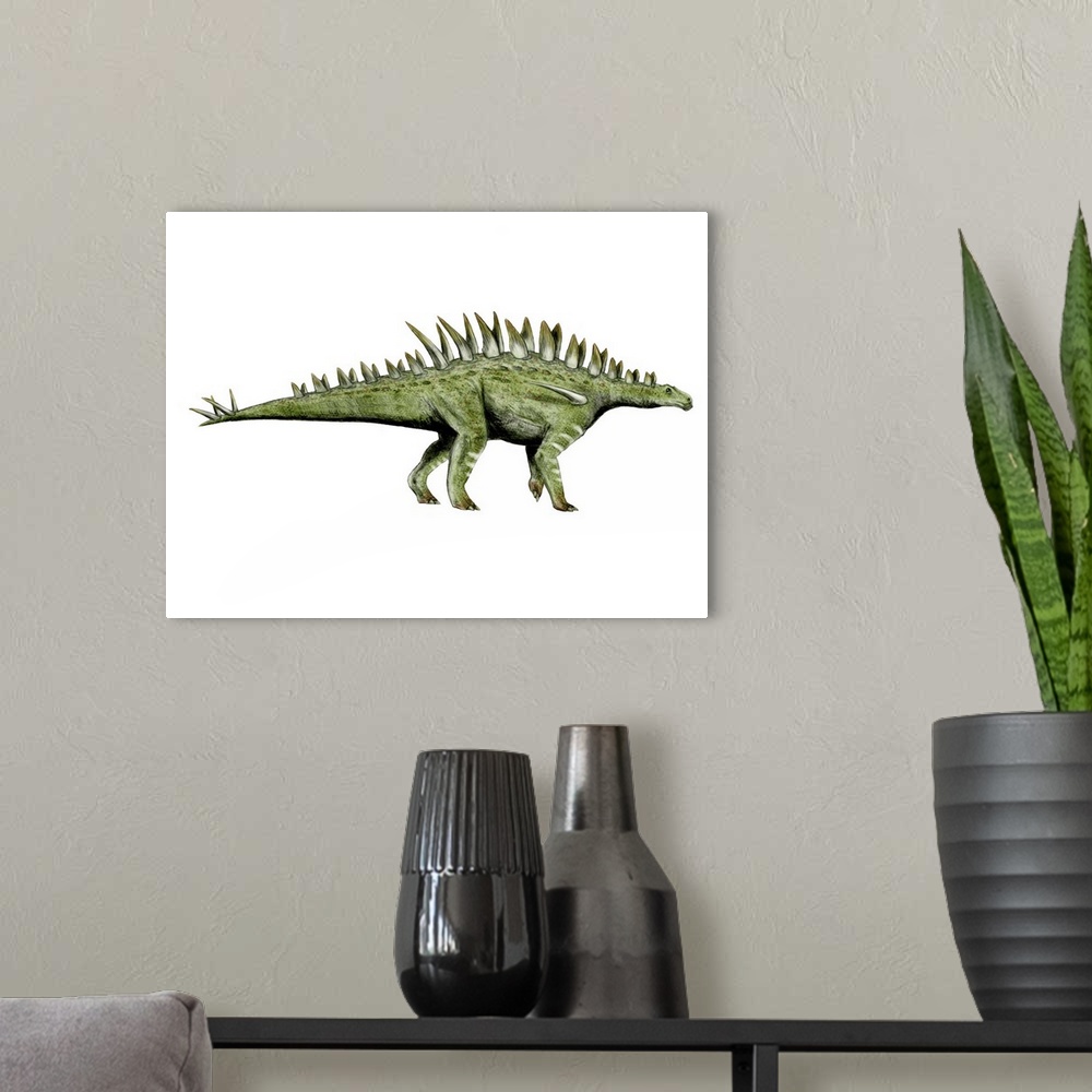A modern room featuring Huayangosaurus dinosaur, white background.