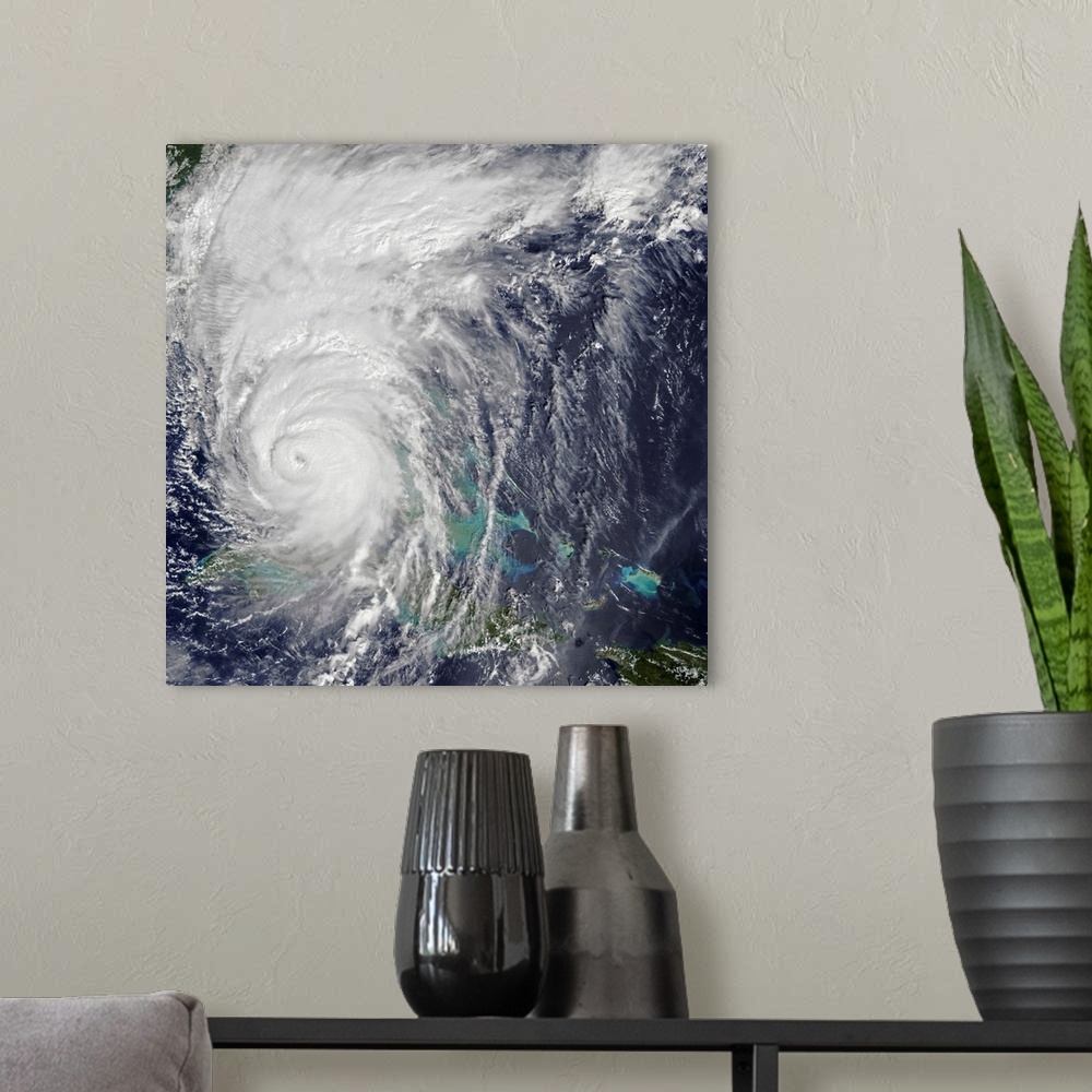 A modern room featuring Hurricane Irma passing over the Florida Keys, USA.