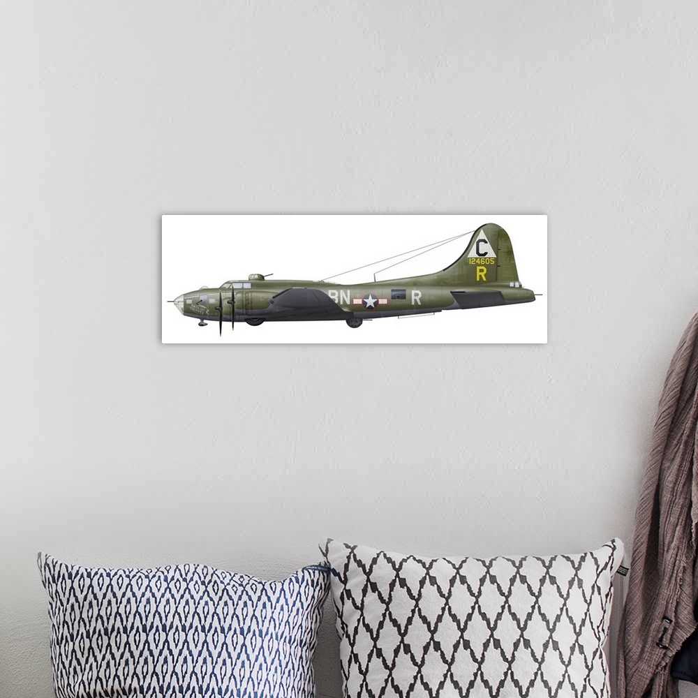A bohemian room featuring Illustration of a Boeing B-17F Knockout Dropper aircraft.