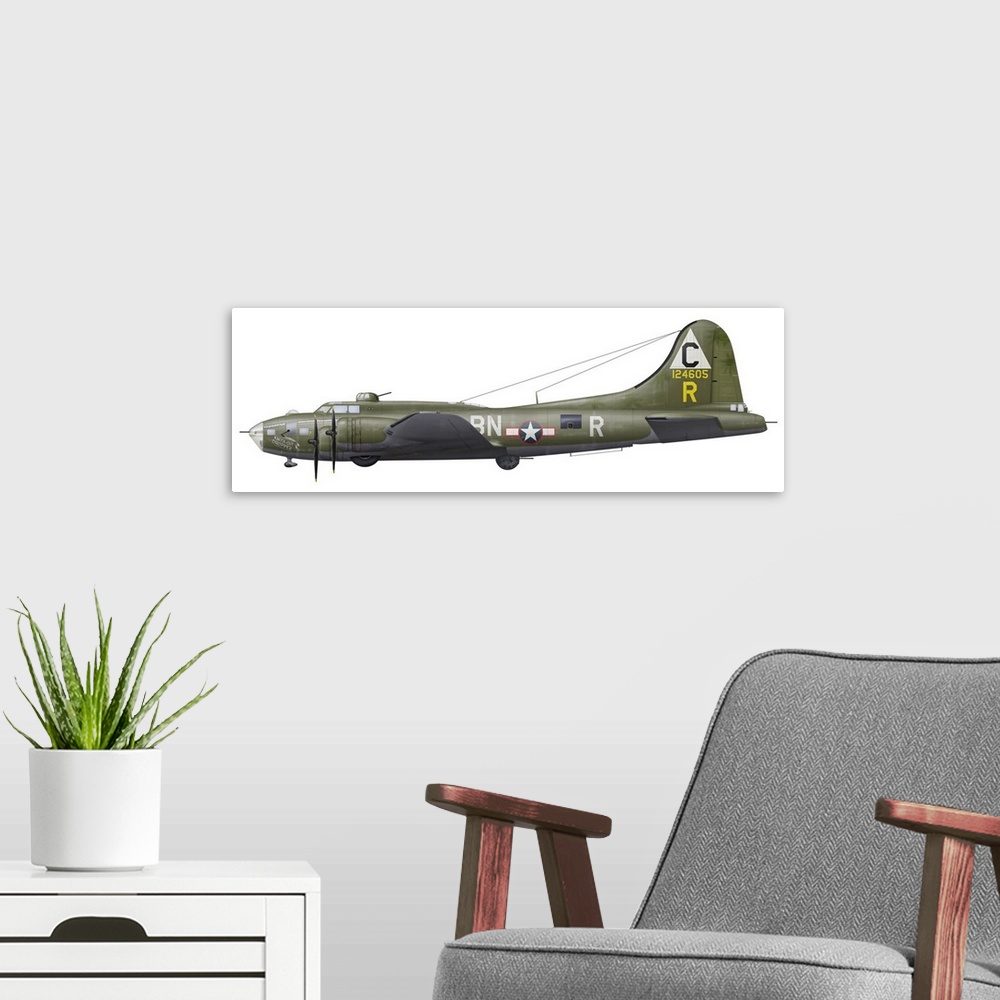 A modern room featuring Illustration of a Boeing B-17F Knockout Dropper aircraft.