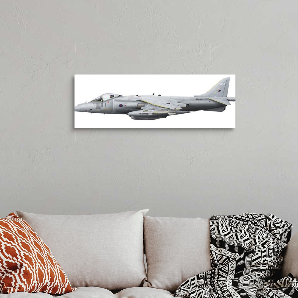 A bohemian room featuring Illustration of a British Aerospace Harrier GR9 aircraft.