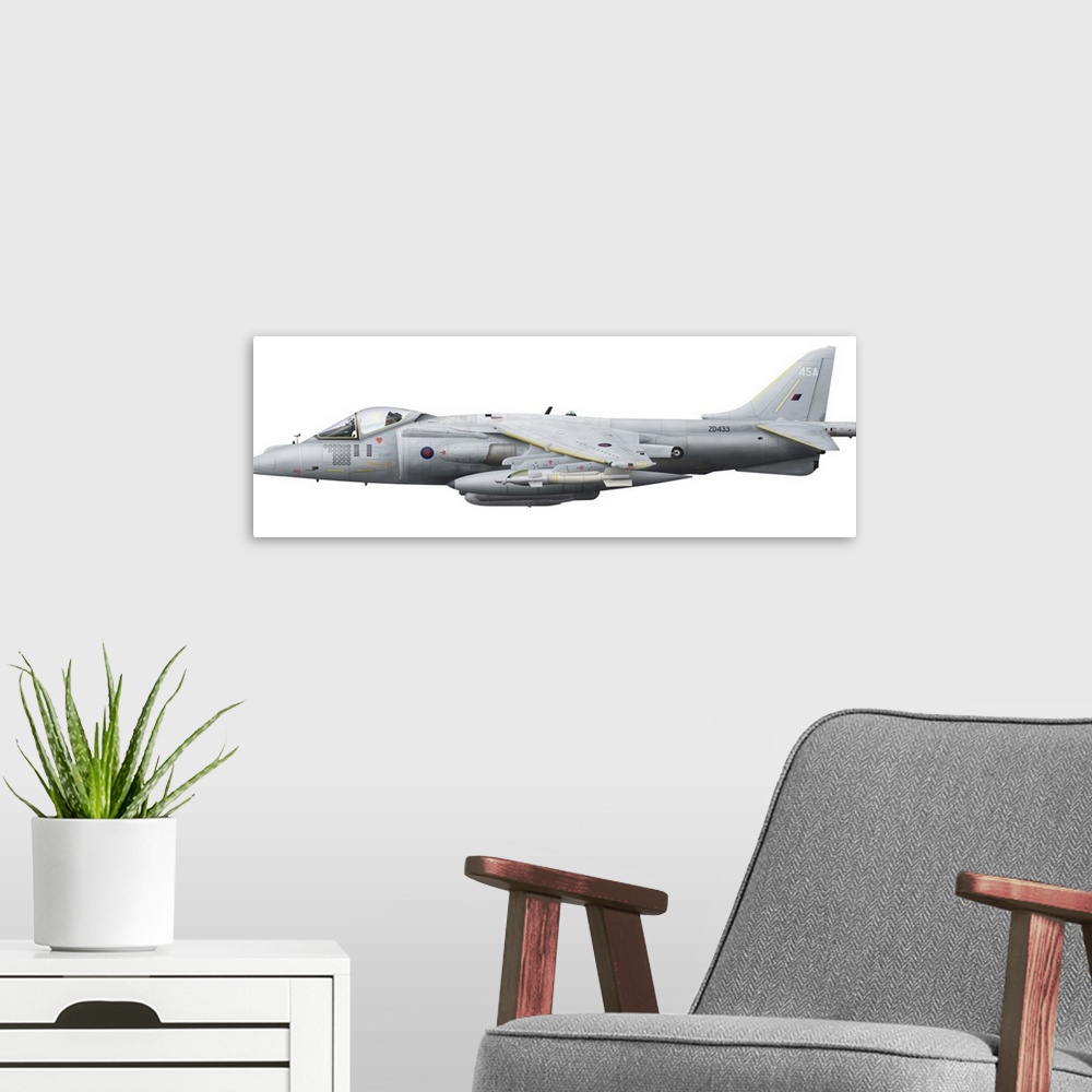 A modern room featuring Illustration of a British Aerospace Harrier GR9 aircraft.