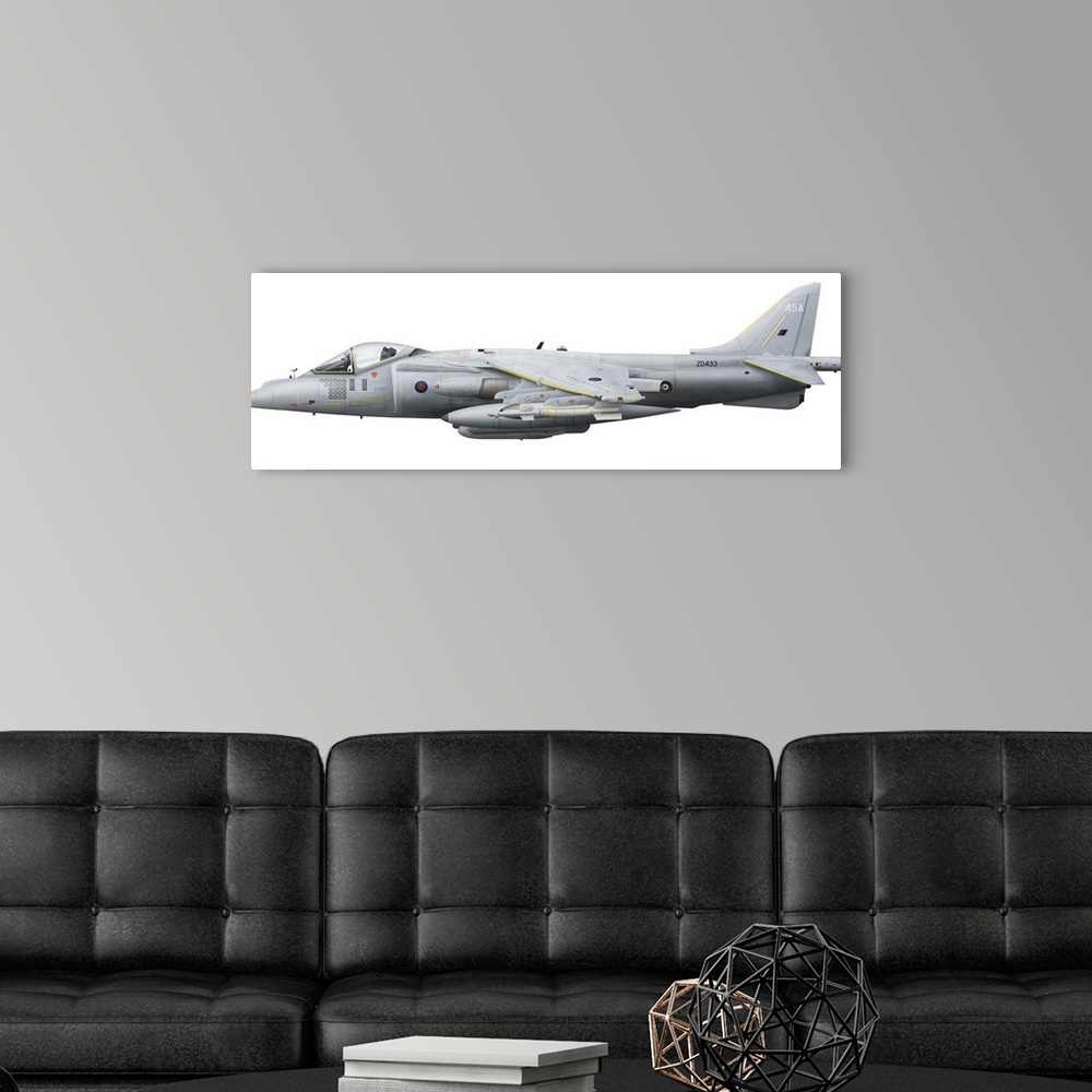 A modern room featuring Illustration of a British Aerospace Harrier GR9 aircraft.
