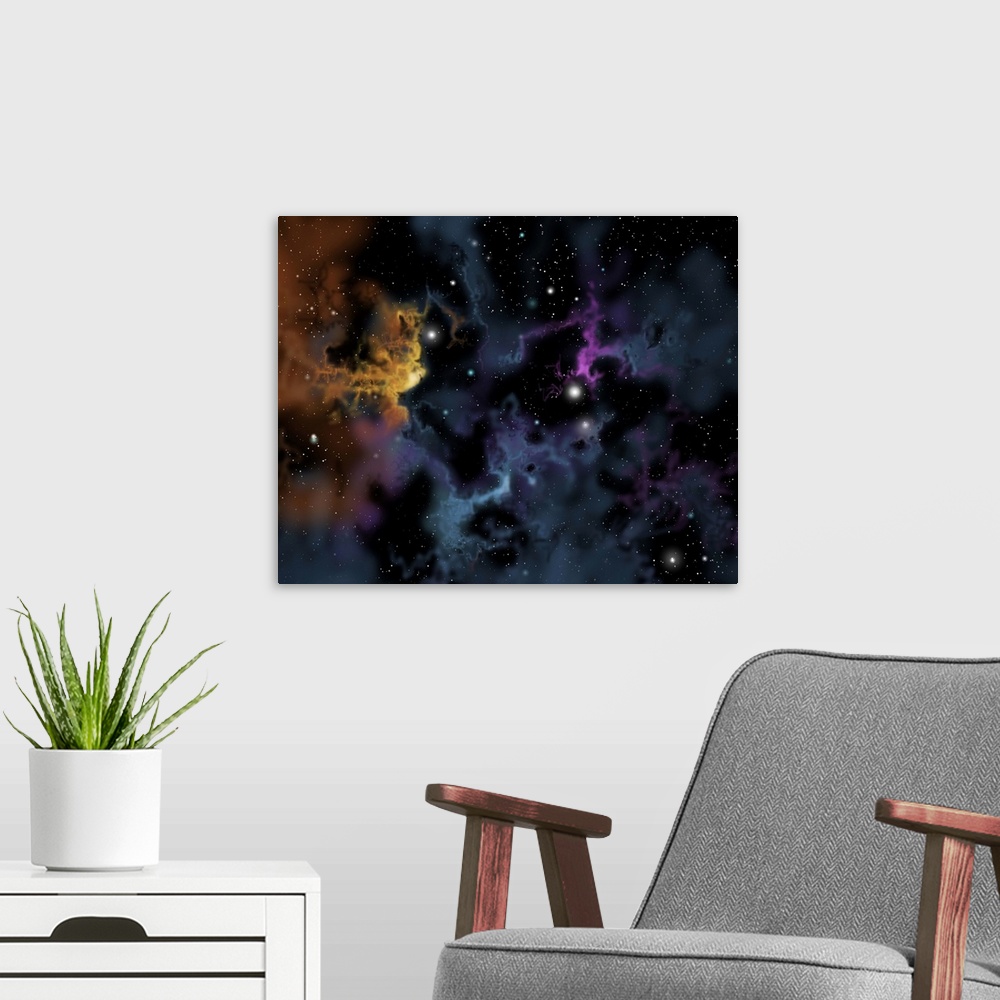A modern room featuring Illustration of a gaseous nebula from which star formation may occur.