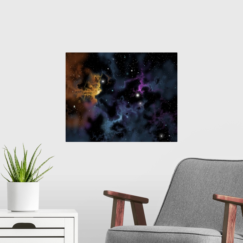 A modern room featuring Illustration of a gaseous nebula from which star formation may occur.