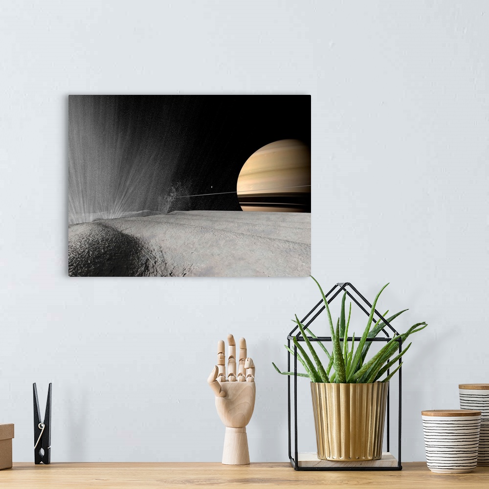 A bohemian room featuring Illustration of a geyser erupting on the surface of Enceladus.