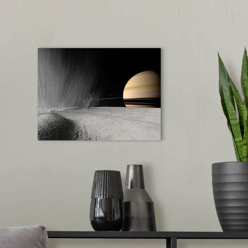 A modern room featuring Illustration of a geyser erupting on the surface of Enceladus.
