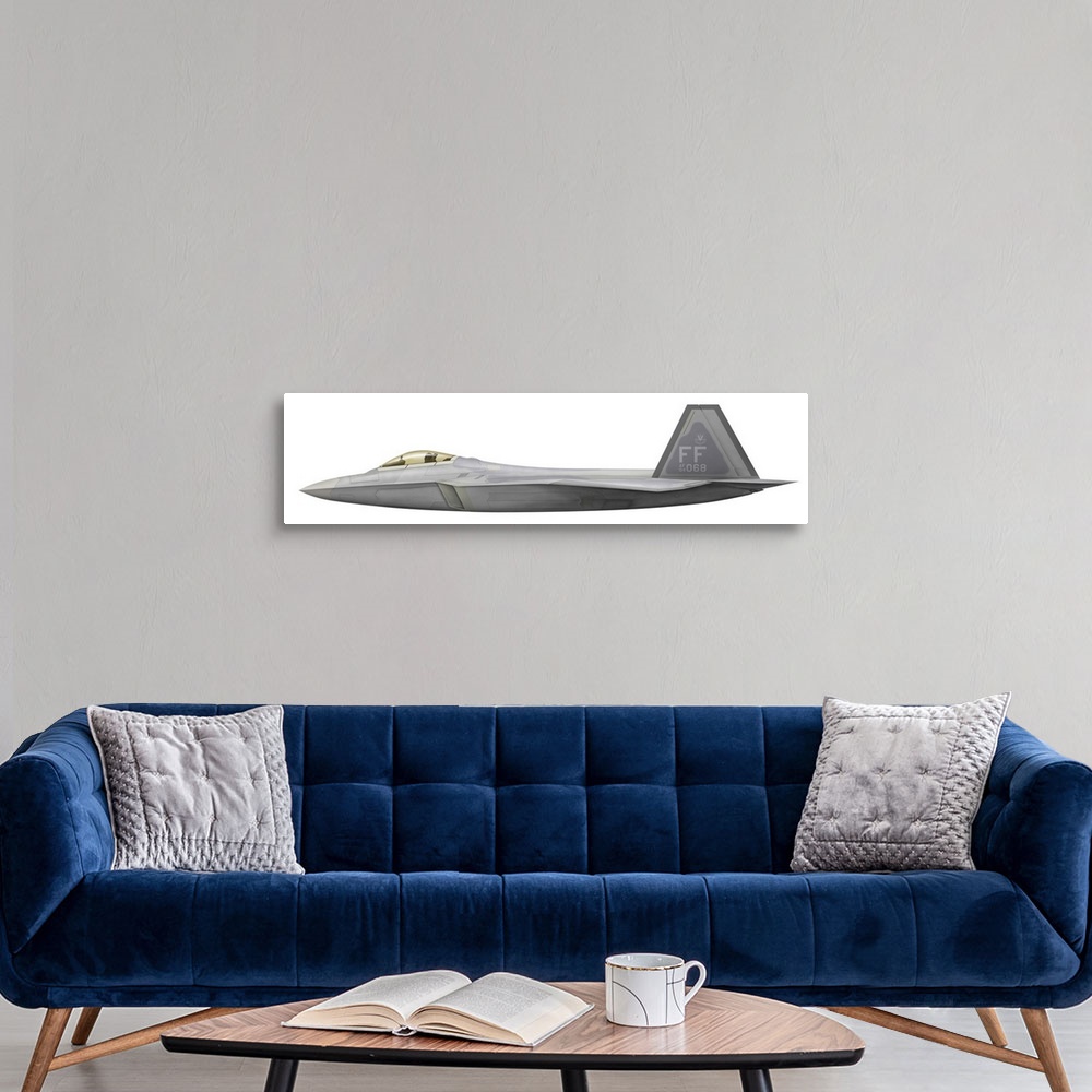 A modern room featuring Illustration of a Lockheed Martin F-22 Raptor.