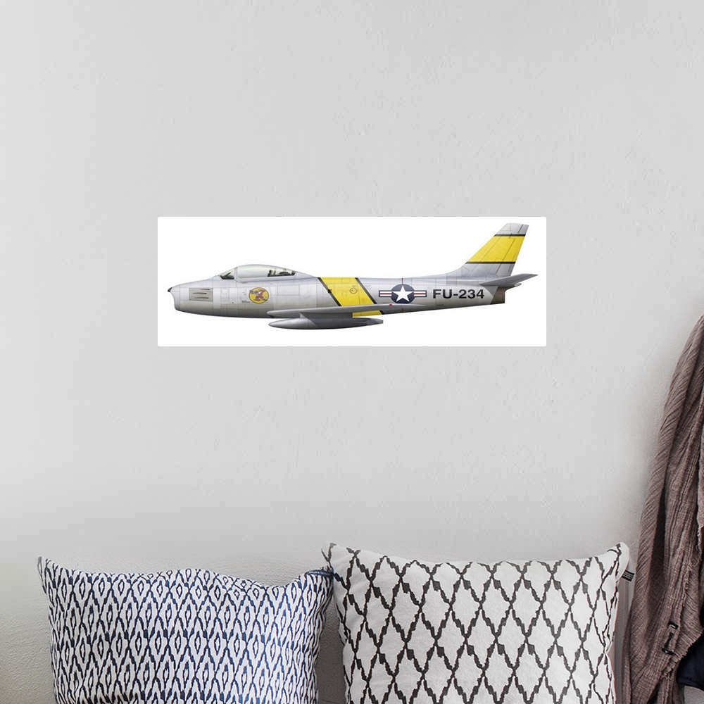 A bohemian room featuring Illustration of a North American F-86F Sabre.