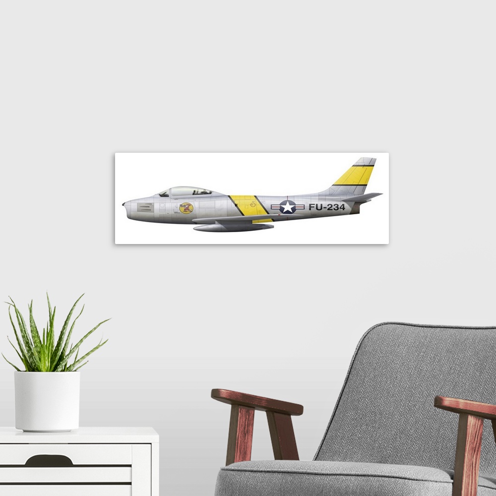 A modern room featuring Illustration of a North American F-86F Sabre.