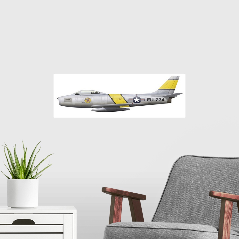A modern room featuring Illustration of a North American F-86F Sabre.