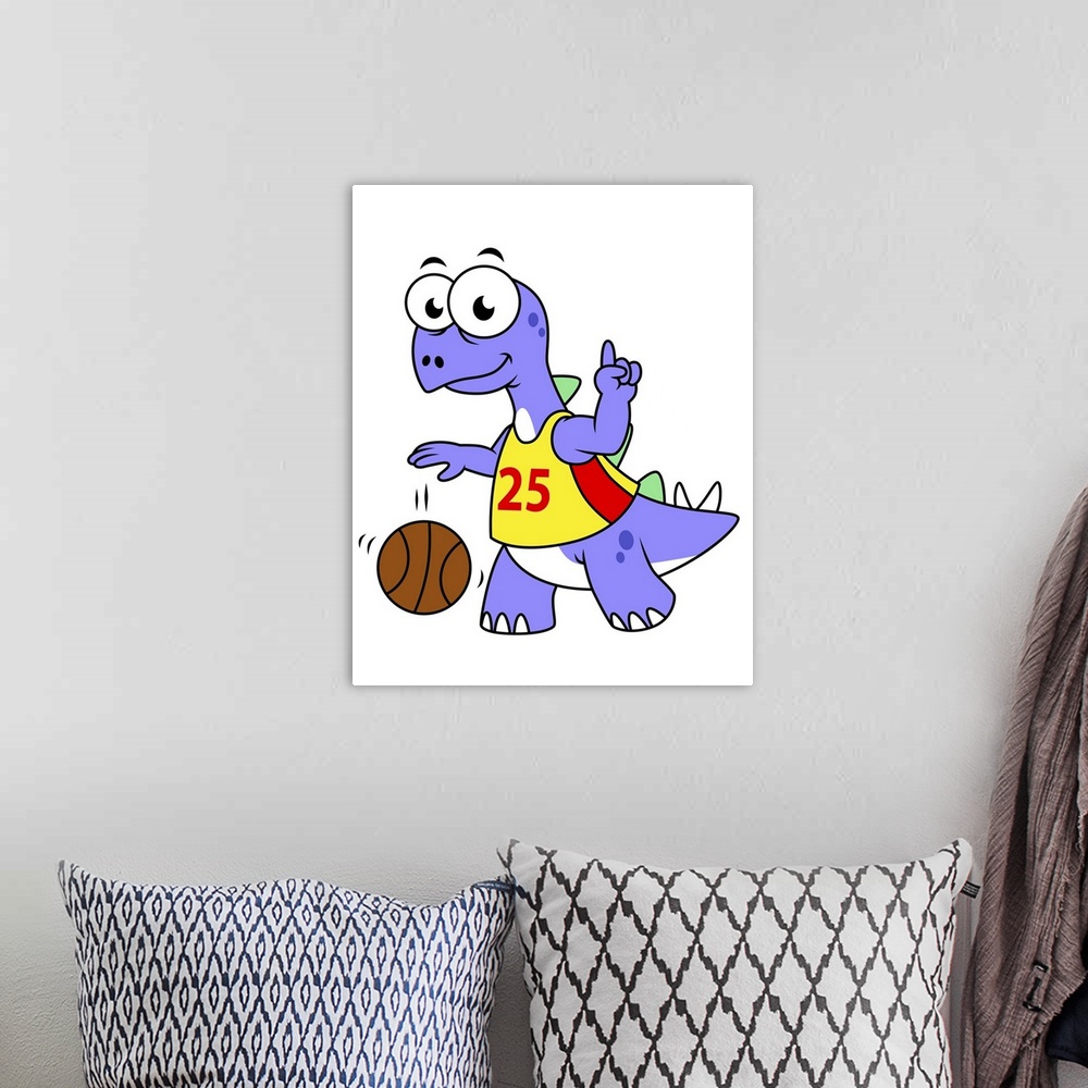A bohemian room featuring Illustration of a Stegosaurus playing basketball.