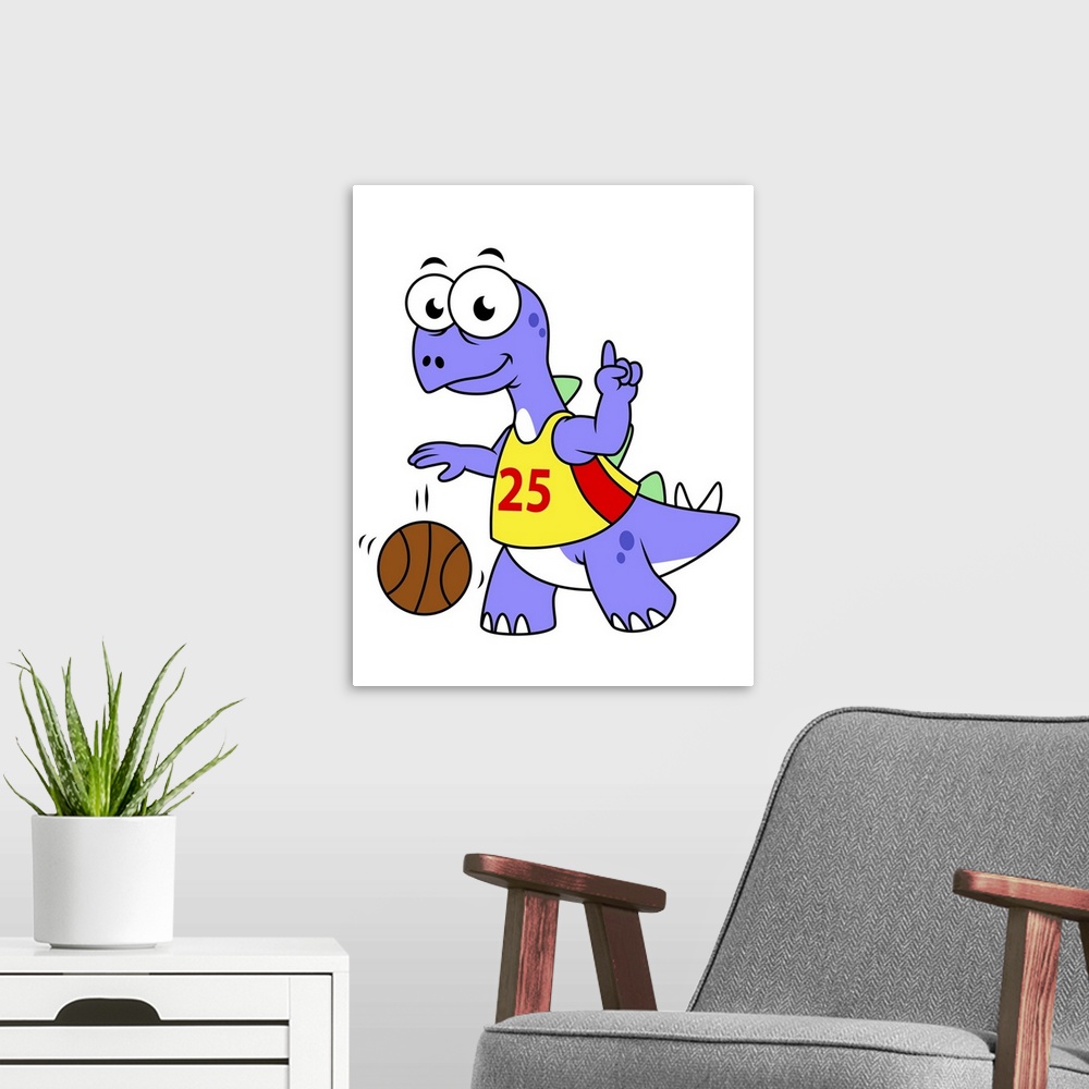 A modern room featuring Illustration of a Stegosaurus playing basketball.