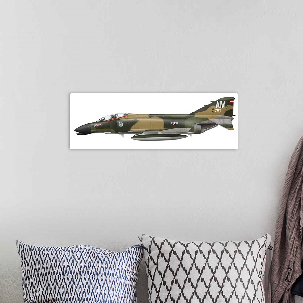 A bohemian room featuring Illustration of an F-4C Phantom II of the 389th Tactical Fighter Squadron, 366th Tactical Fighter...