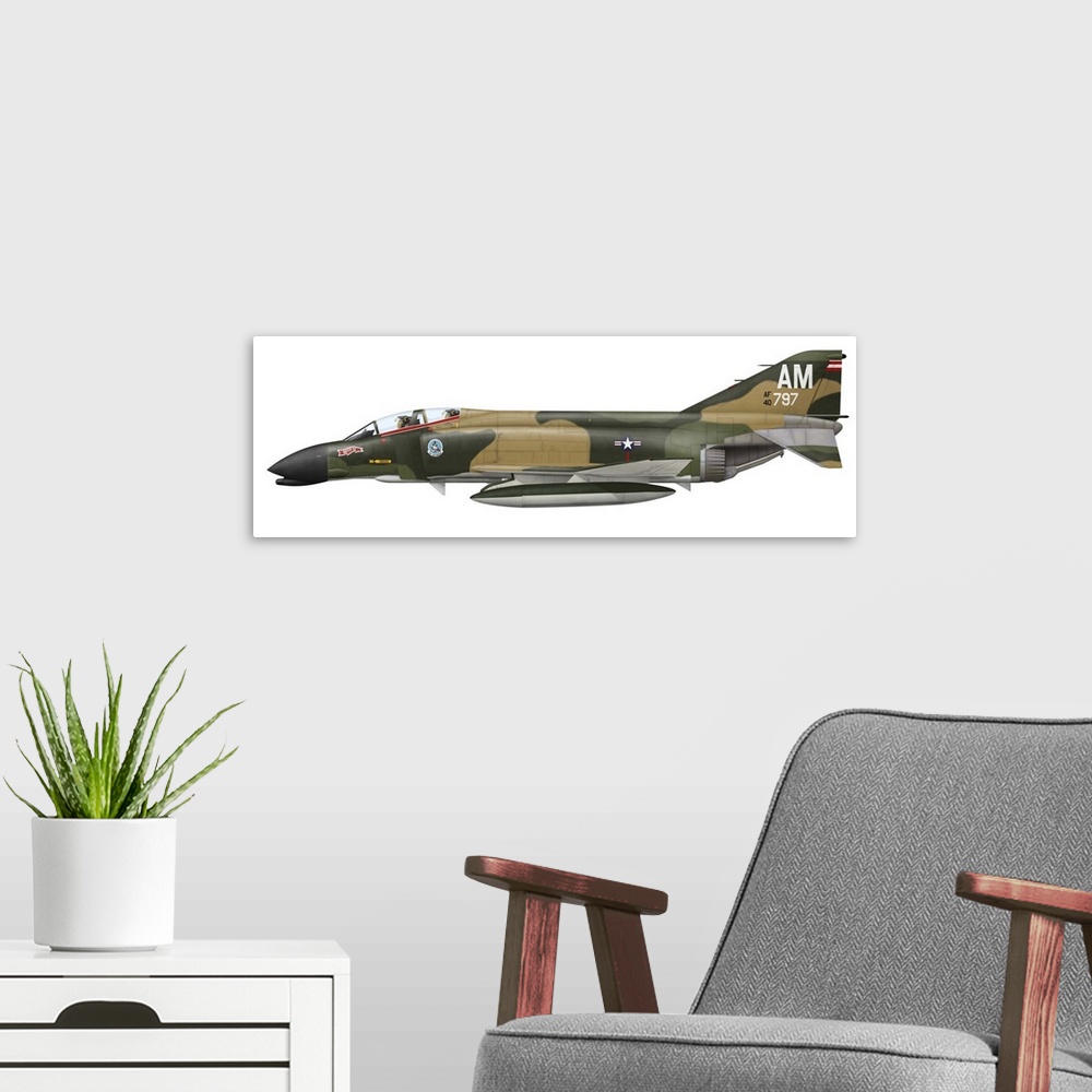 A modern room featuring Illustration of an F-4C Phantom II of the 389th Tactical Fighter Squadron, 366th Tactical Fighter...