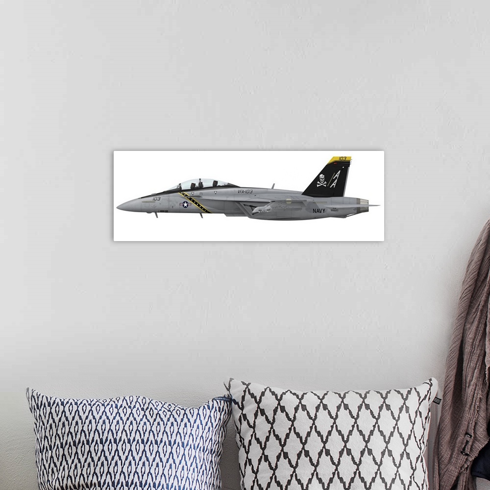 A bohemian room featuring F/A-18F Super Hornet assigned to VFA-103 Jolly Rogers AA-103. AA-103 wears the distinctive high c...