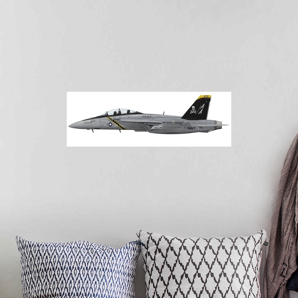 A bohemian room featuring F/A-18F Super Hornet assigned to VFA-103 Jolly Rogers AA-103. AA-103 wears the distinctive high c...