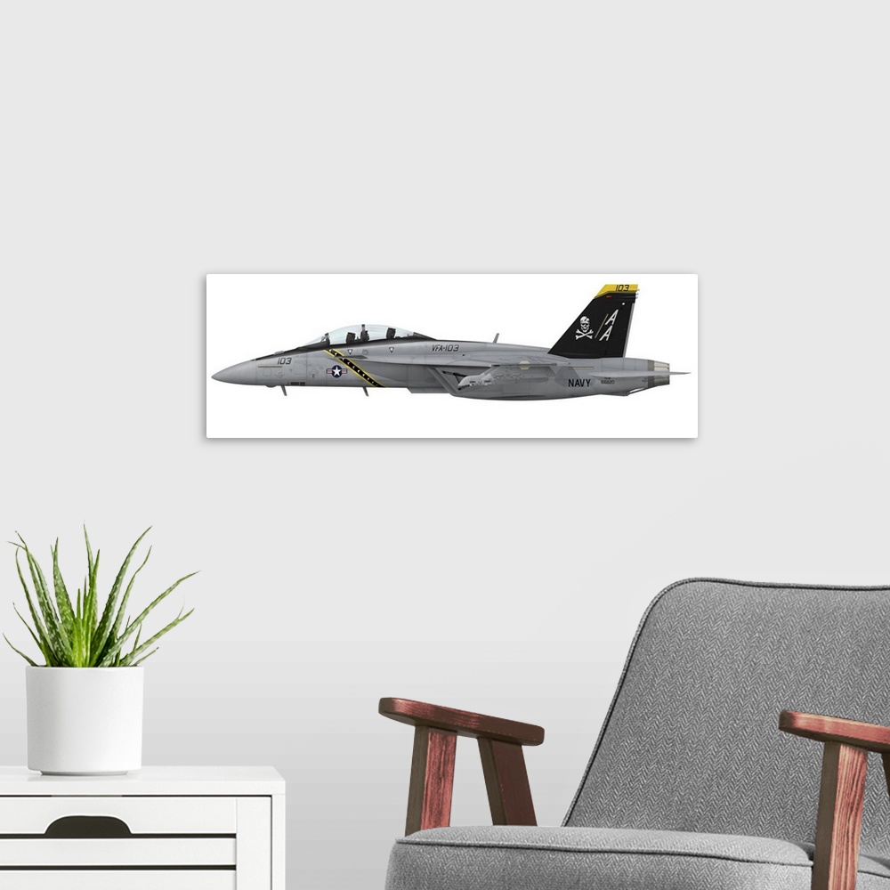 A modern room featuring F/A-18F Super Hornet assigned to VFA-103 Jolly Rogers AA-103. AA-103 wears the distinctive high c...