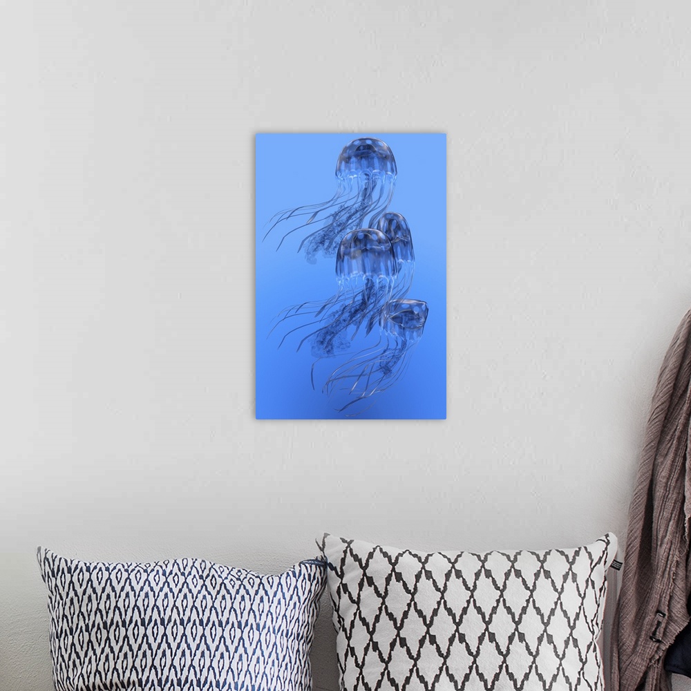 A bohemian room featuring Illustration of blue-spotted jellyfish swimming together.