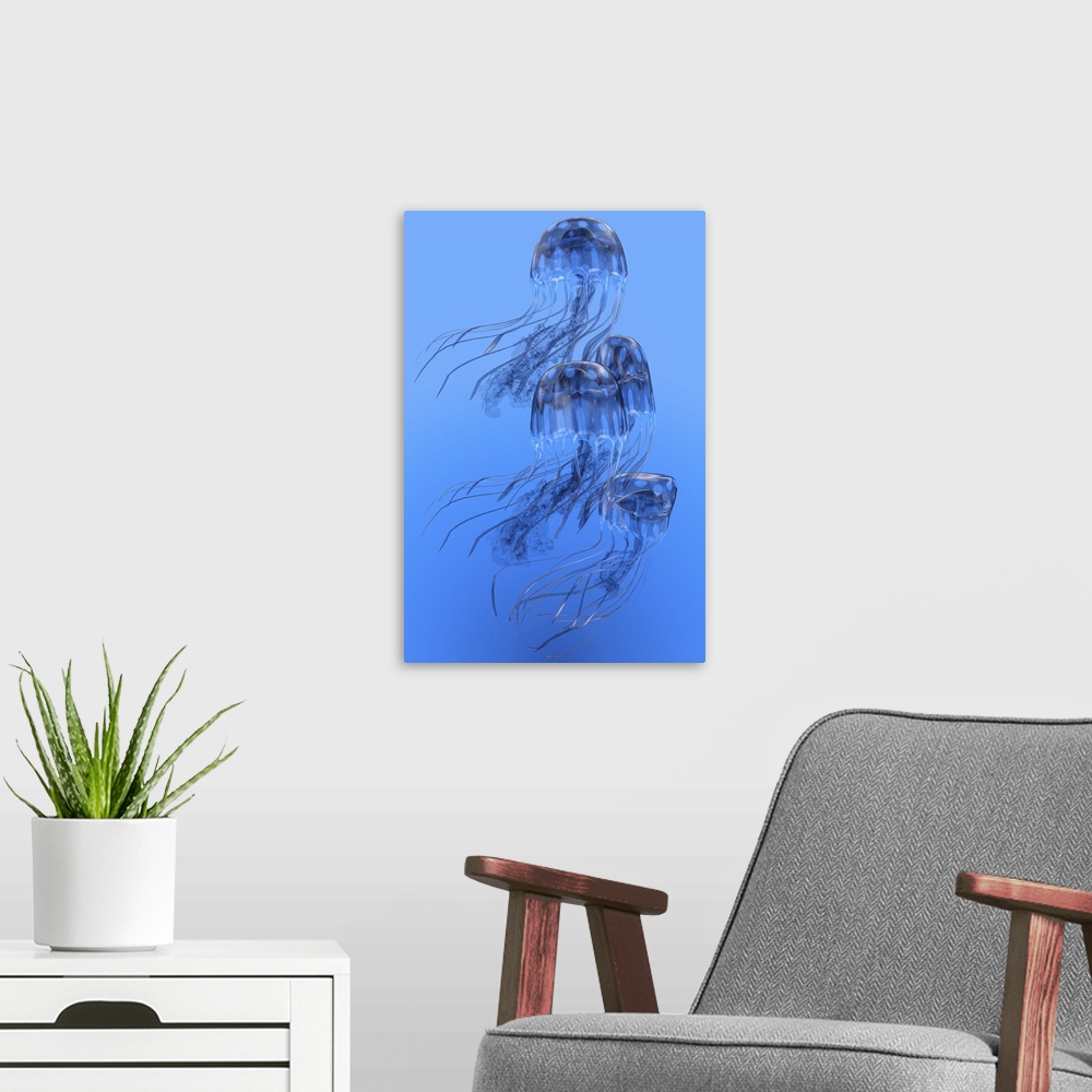 A modern room featuring Illustration of blue-spotted jellyfish swimming together.