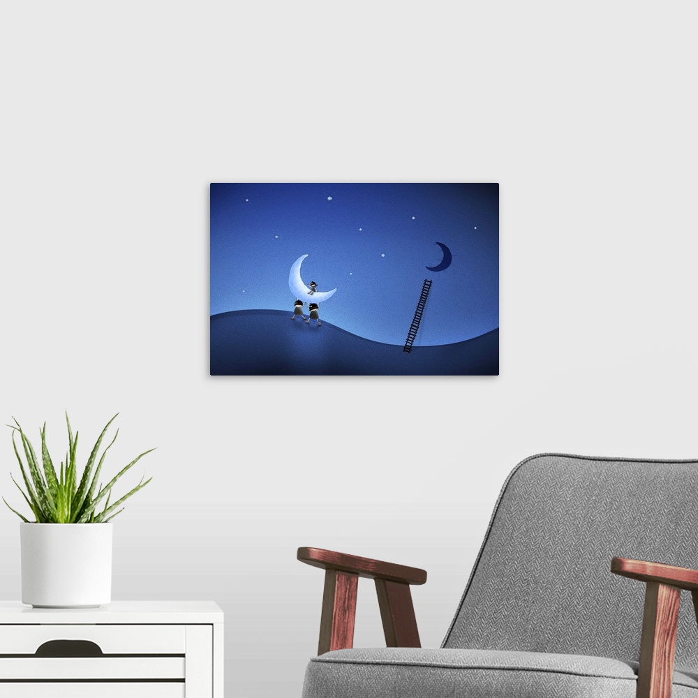 A modern room featuring Illustration of cartoon characters stealing the moon.