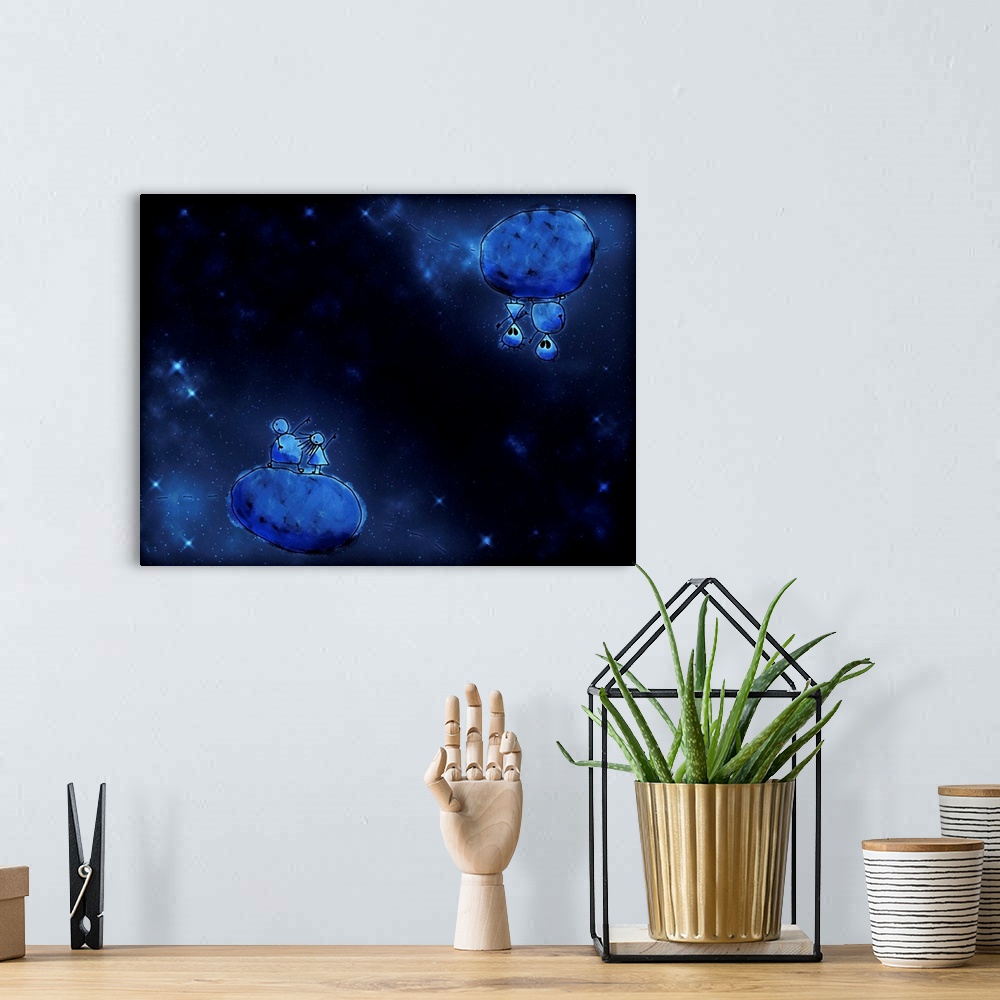 A bohemian room featuring Illustration of humans and aliens in outer space.