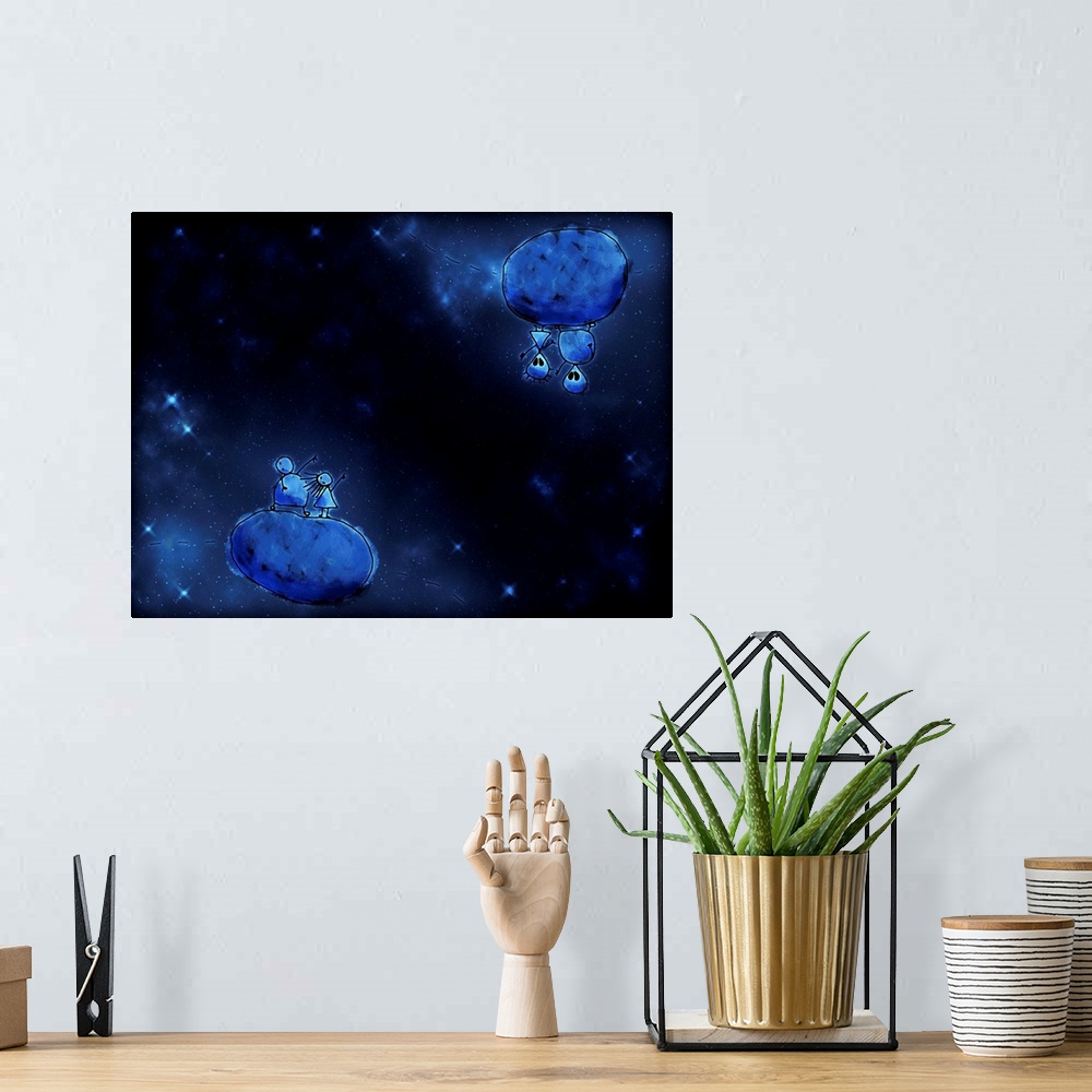 A bohemian room featuring Illustration of humans and aliens in outer space.