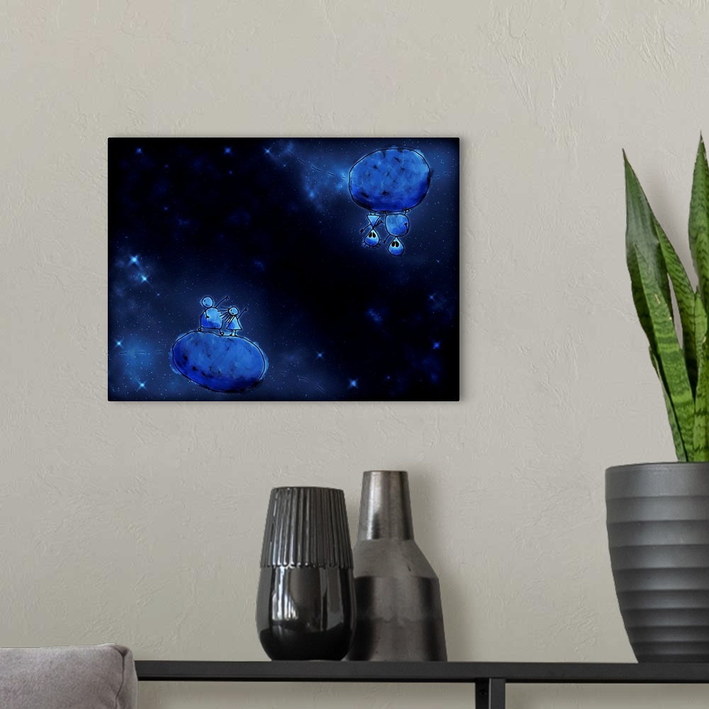 A modern room featuring Illustration of humans and aliens in outer space.