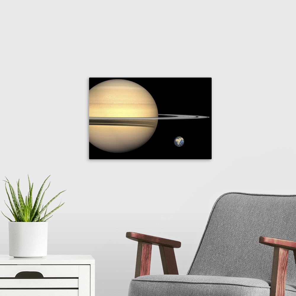 A modern room featuring Illustration of Saturn and Earth to scale.