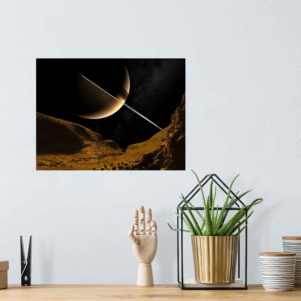 A bohemian room featuring Artist's concept of how Saturn may appear from the icy surface of Enceladus, one of Saturn's eigh...