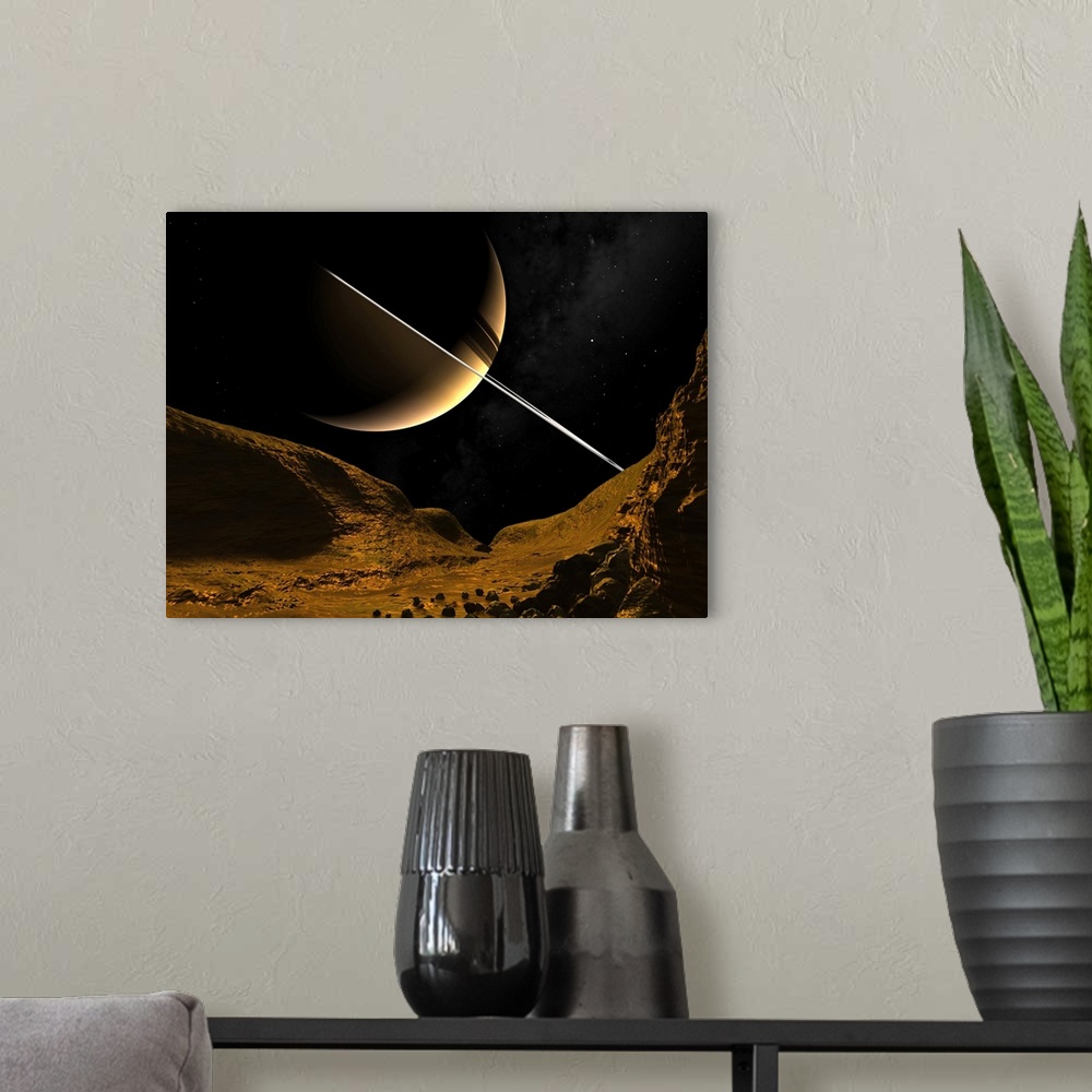 A modern room featuring Artist's concept of how Saturn may appear from the icy surface of Enceladus, one of Saturn's eigh...