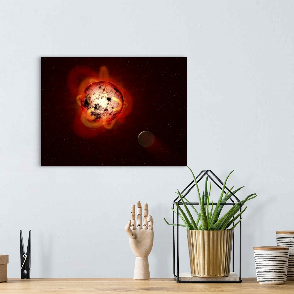 A bohemian room featuring This illustration shows a red dwarf star orbited by a hypothetical exoplanet.