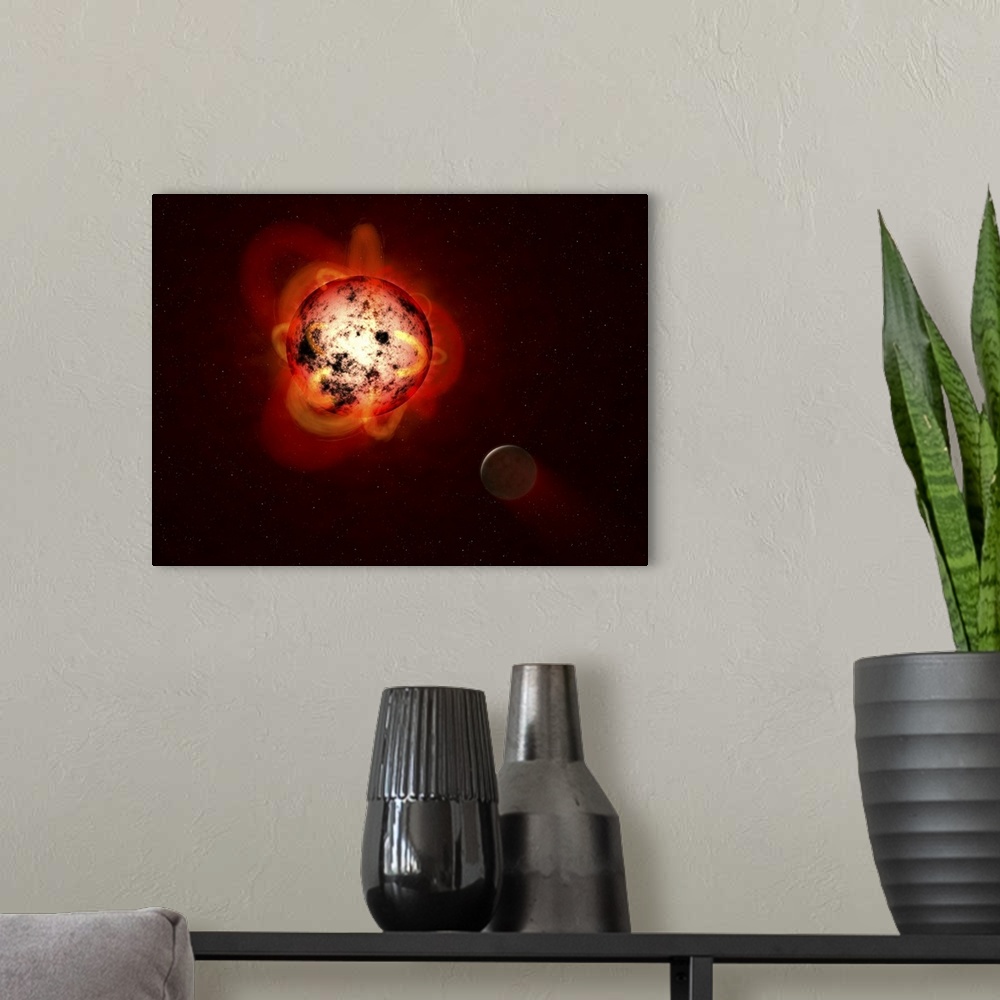 A modern room featuring This illustration shows a red dwarf star orbited by a hypothetical exoplanet.