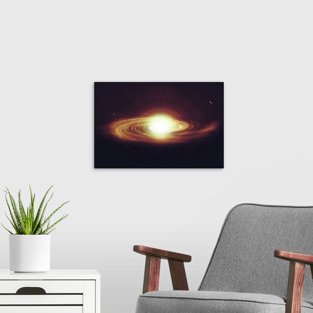 A modern room featuring Implosion of a Sun with visible solar system and planets.