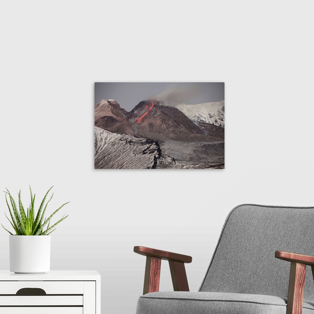 A modern room featuring Incandescent rockfall of glowing lava down flank of Shiveluch Volcano.